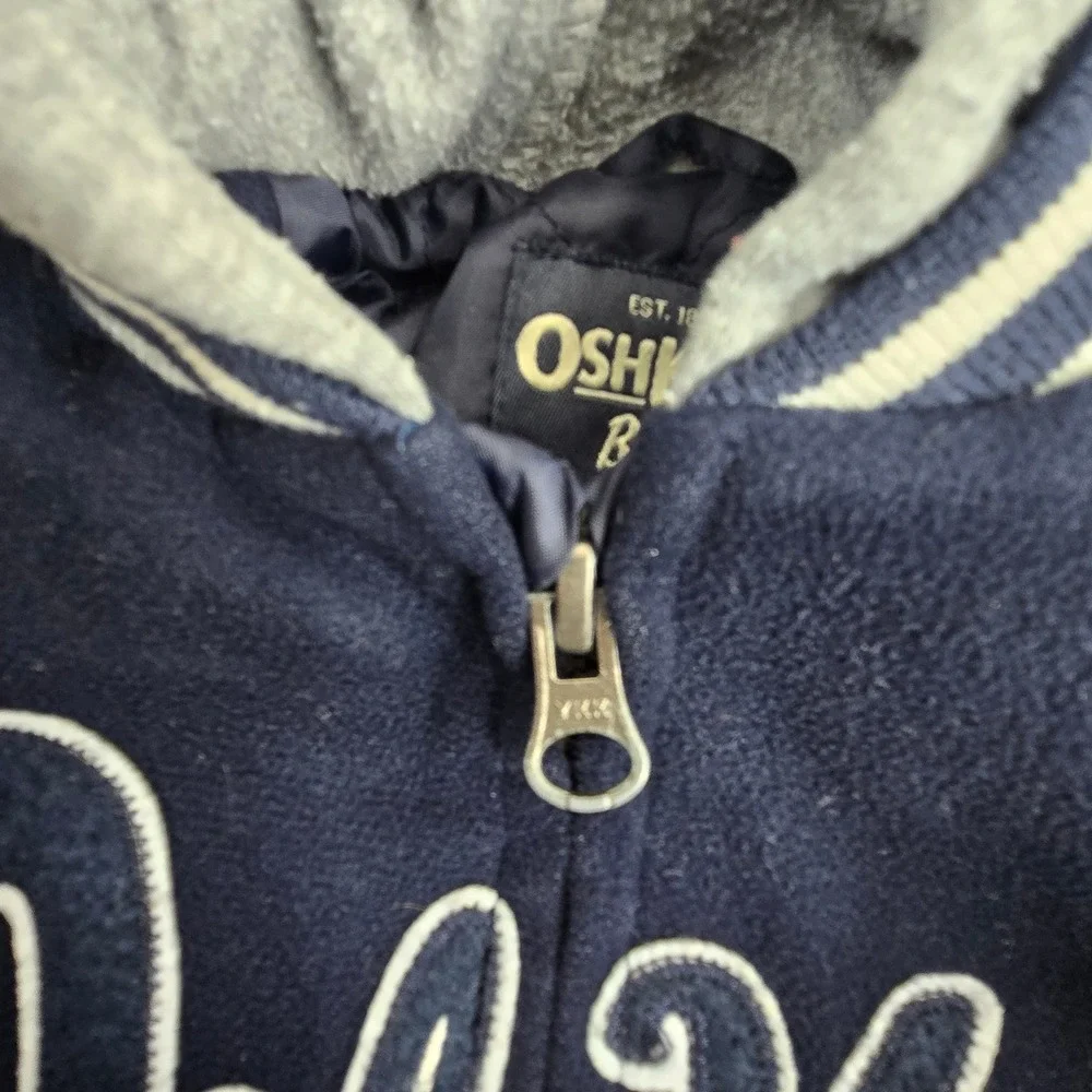OshKosh Bgosh Boys 2T Varsity Jacket Navy Blue Faux Leather Sleeve Hooded Zip Up